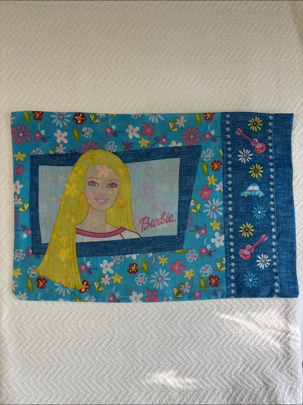 Y2K Barbie Pillow Case Flower Power Denim Look VTG Dan River Bedding NOS-NWOT